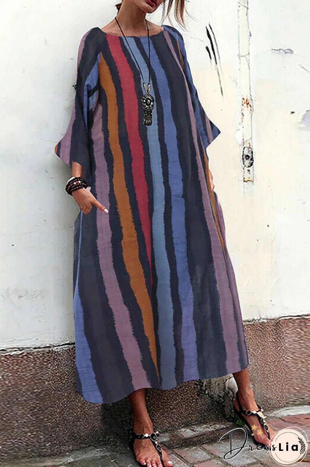 Vintage Striped Pockets Maxi Dress