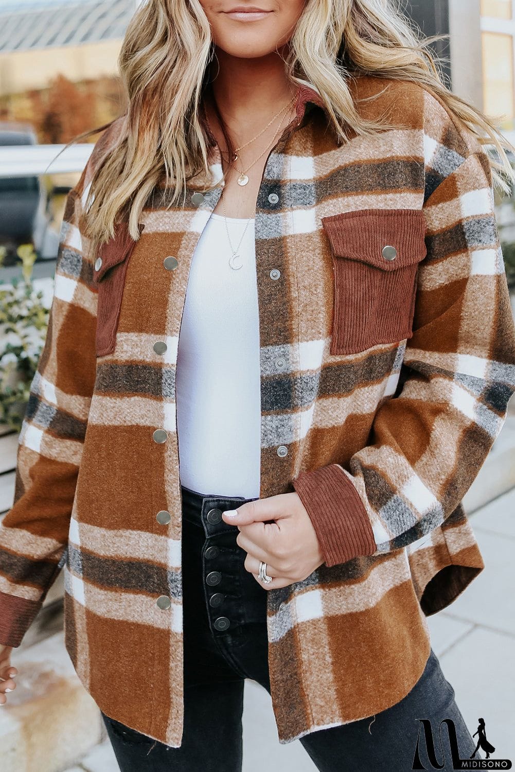 MidiSono - Pocketed Buttoned Plaid Shirt Jacket