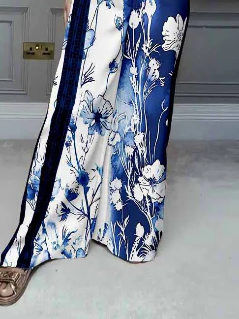 Women Floral,Blue,White DZDL1102 V-neck Short Sleeve Blouse and Pants Set