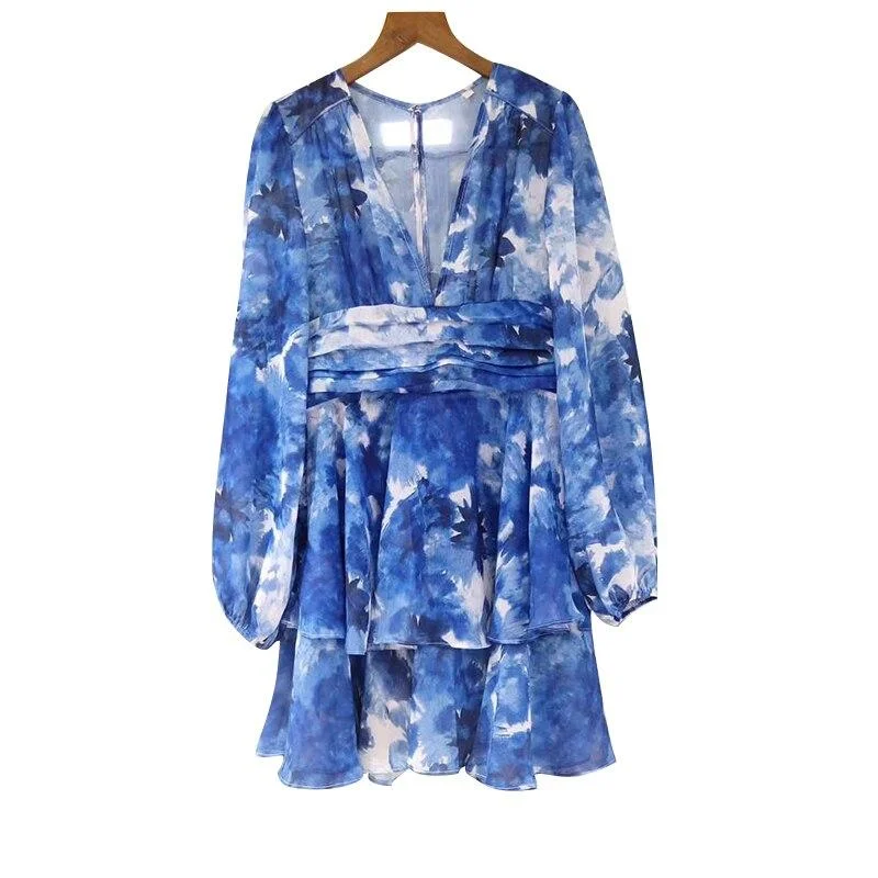 ABEBEY Print Hit Color Women's Dress V Neck Lantern Sleeve High Waist Tunic Ruffles Mini Dresses Female 2023 New Clothes