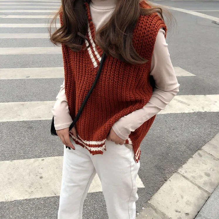 V-neck Fur-lined Women Sweater Vest Slim Pullover Spliced Design Knitted Spring New Fashion Leisure All-match Chic Tops Ulzzang