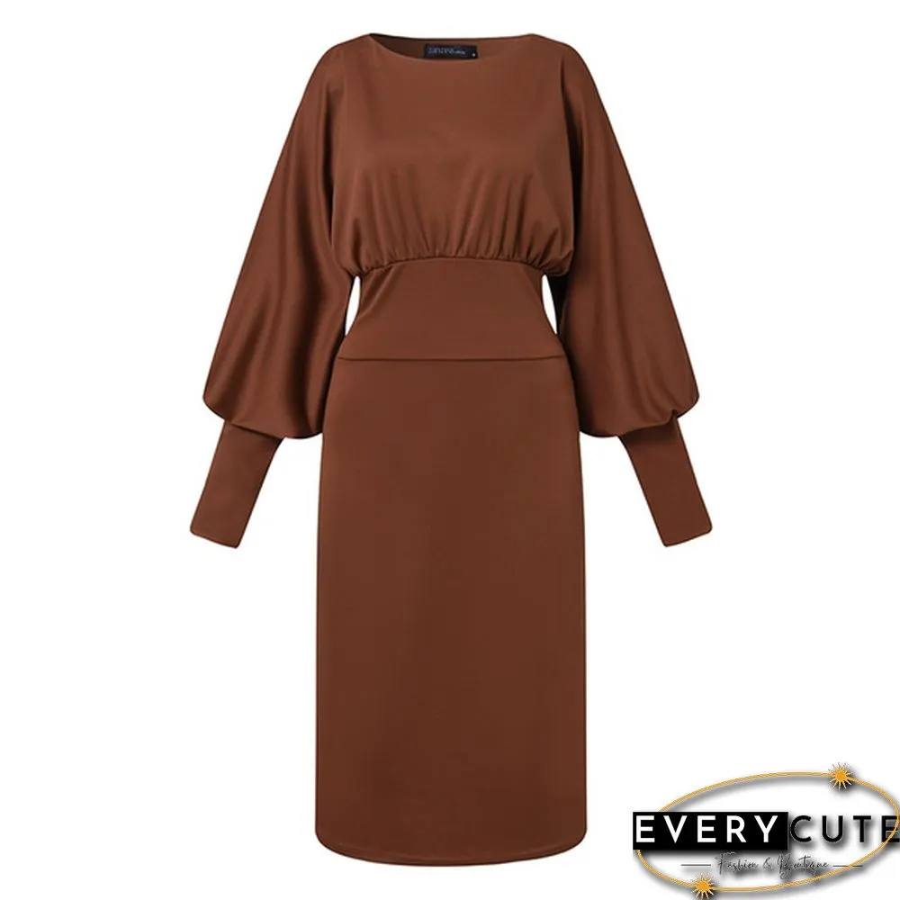 Women Fashion Elegant Sundress Crew Neck Solid Full Sleeve Party Club Slim Midi Dresses