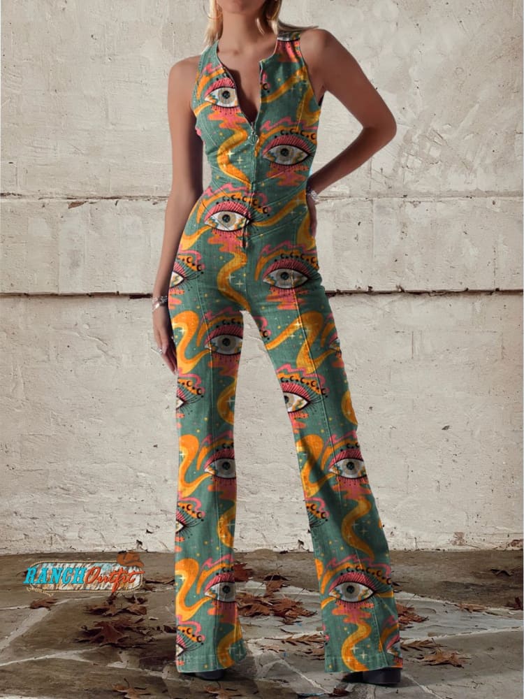 Women’s Vintage Eyes Print Casual Denim Jumpsuit Multicolor / Xs