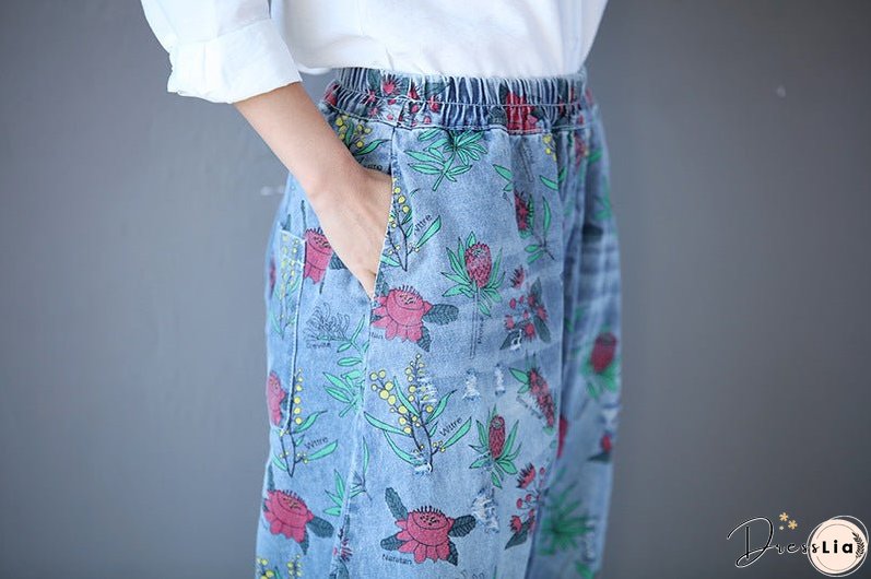 Retro Printed Loose Denim Pants