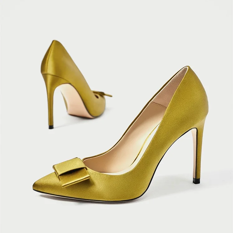 Gold Satin Bow Stiletto Heels Pumps |FSJ Shoes