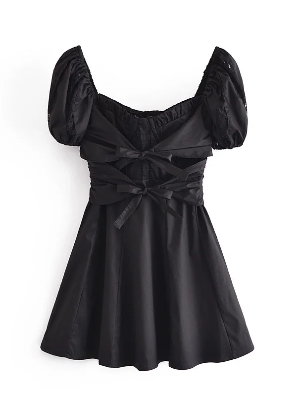 Sweet Elegant Black Bowknots Decoration Square Collar Short Balloon Sleeve Dress