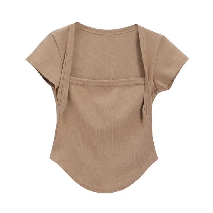 Brownm Brownm Square Collar Short-Sleeved T-Shirt Women's Summer 2024 New Hot Girls Pure Desire Slim Design Sense Top Bottom Shirt