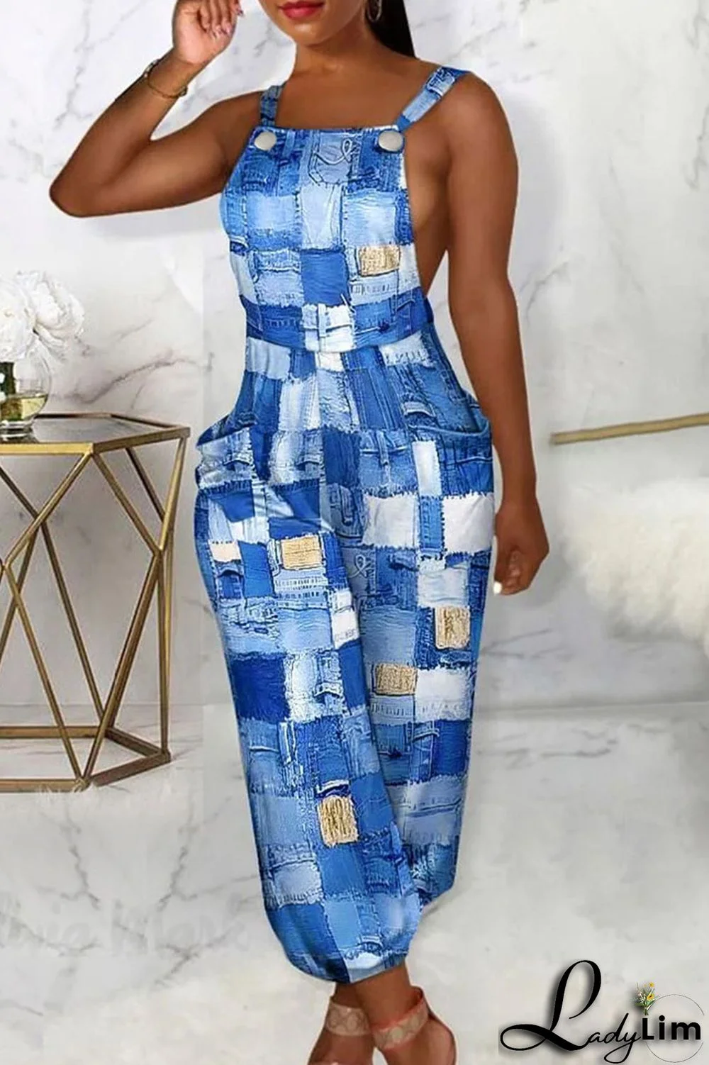 Blue Sexy Print Patchwork Backless Straight Jumpsuits