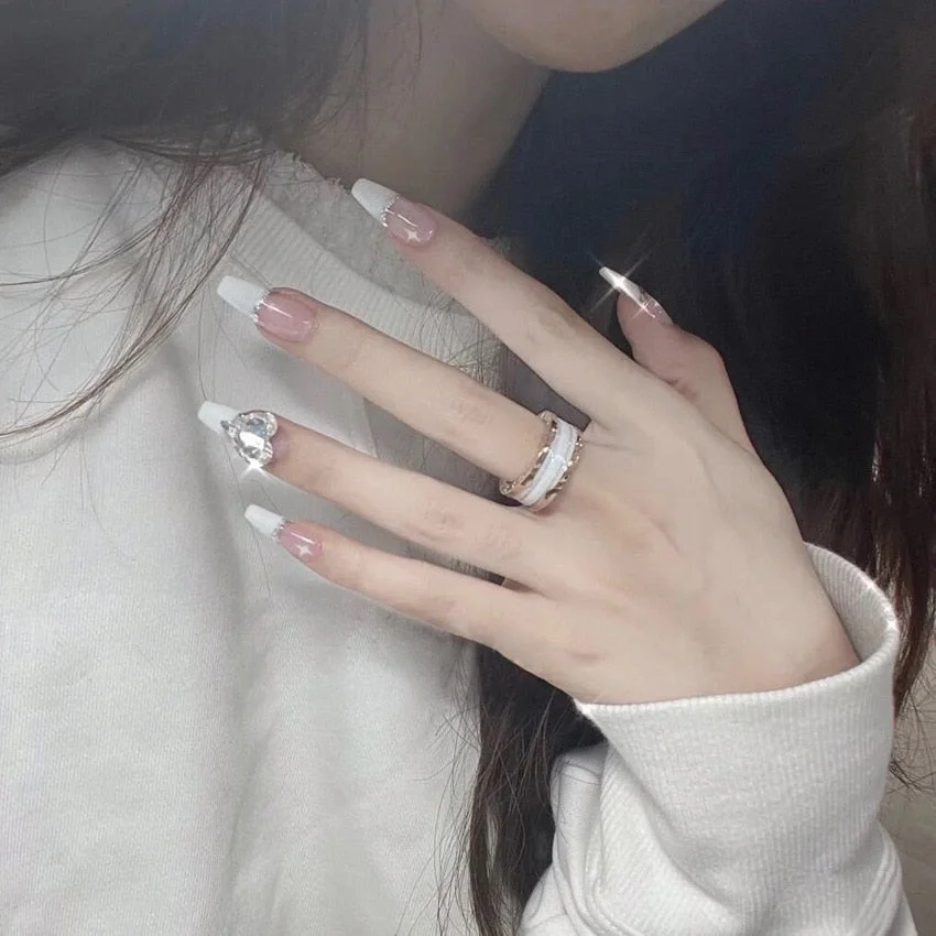 24pcs Shiny Love Heart Nail Patch Glue Type Removable Long Paragraph Fashion Manicure Wearable False Nails Patch TY-Nail Inspo