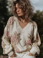 Classy Vintage Roses Glitter V Neck Cozy Knit Sweater