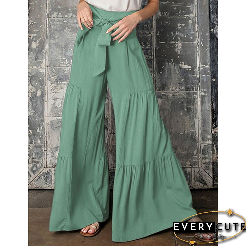 Green Smocked High Waist Palazzo Pants with Tie