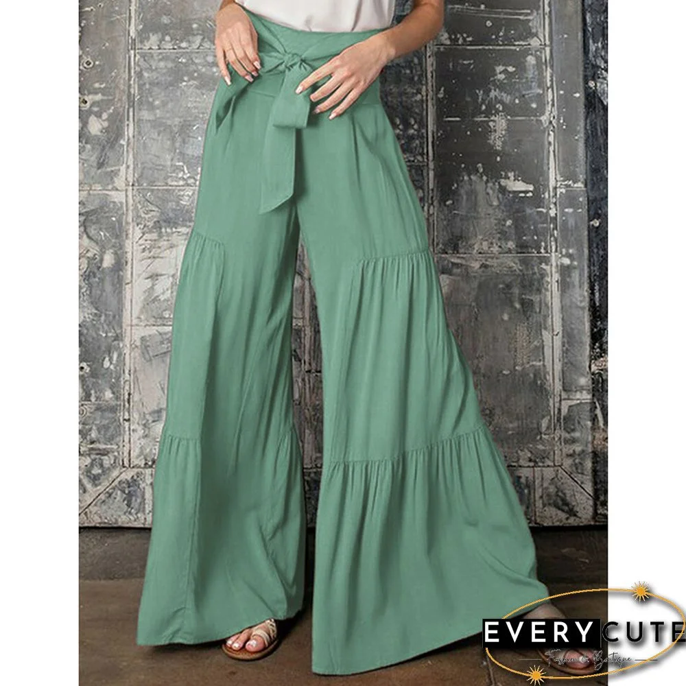 Green Smocked High Waist Palazzo Pants with Tie