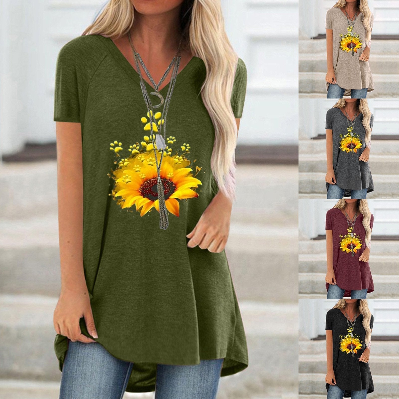 Women Half Sleeve V-neck Solid Color Dress