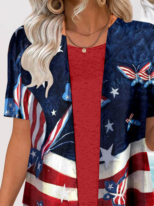 Women Short Sleeve V-neck National Flag Printed Graphic Two-Pieced Cardigan Tops