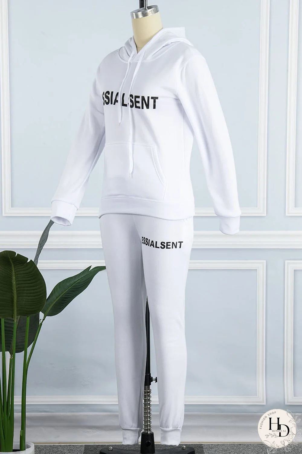 White Casual Print Patchwork Hooded Collar Long Sleeve Two Pieces