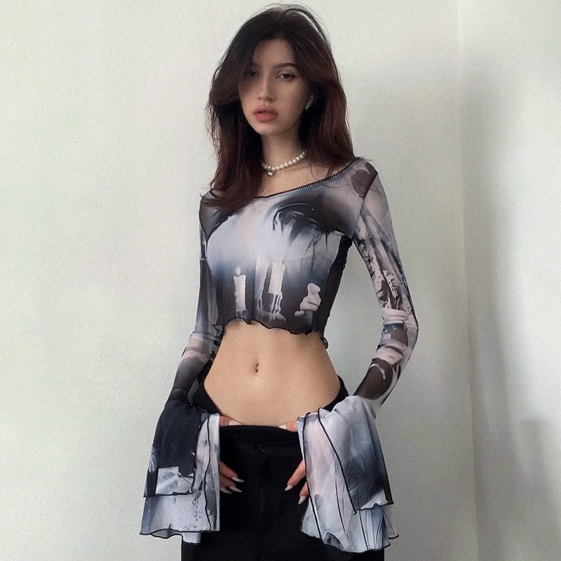 Churchf Summer New 2024 Mesh Printing Round Collar Horn Long Sleeve Perspective Exposed Umbilical Casual Women's Top
