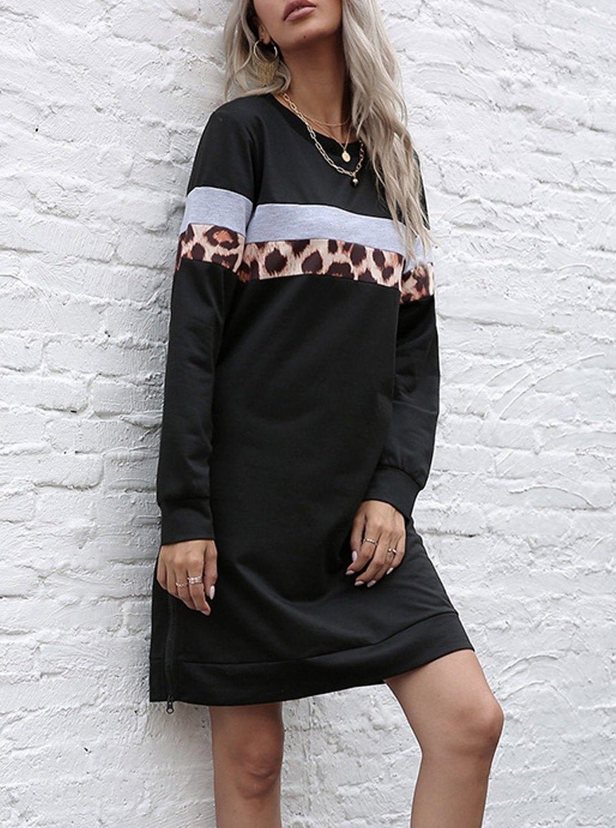Autumn Leopard Print Mid-length Loose Round Neck Dress Black Dresses | EGEMISS