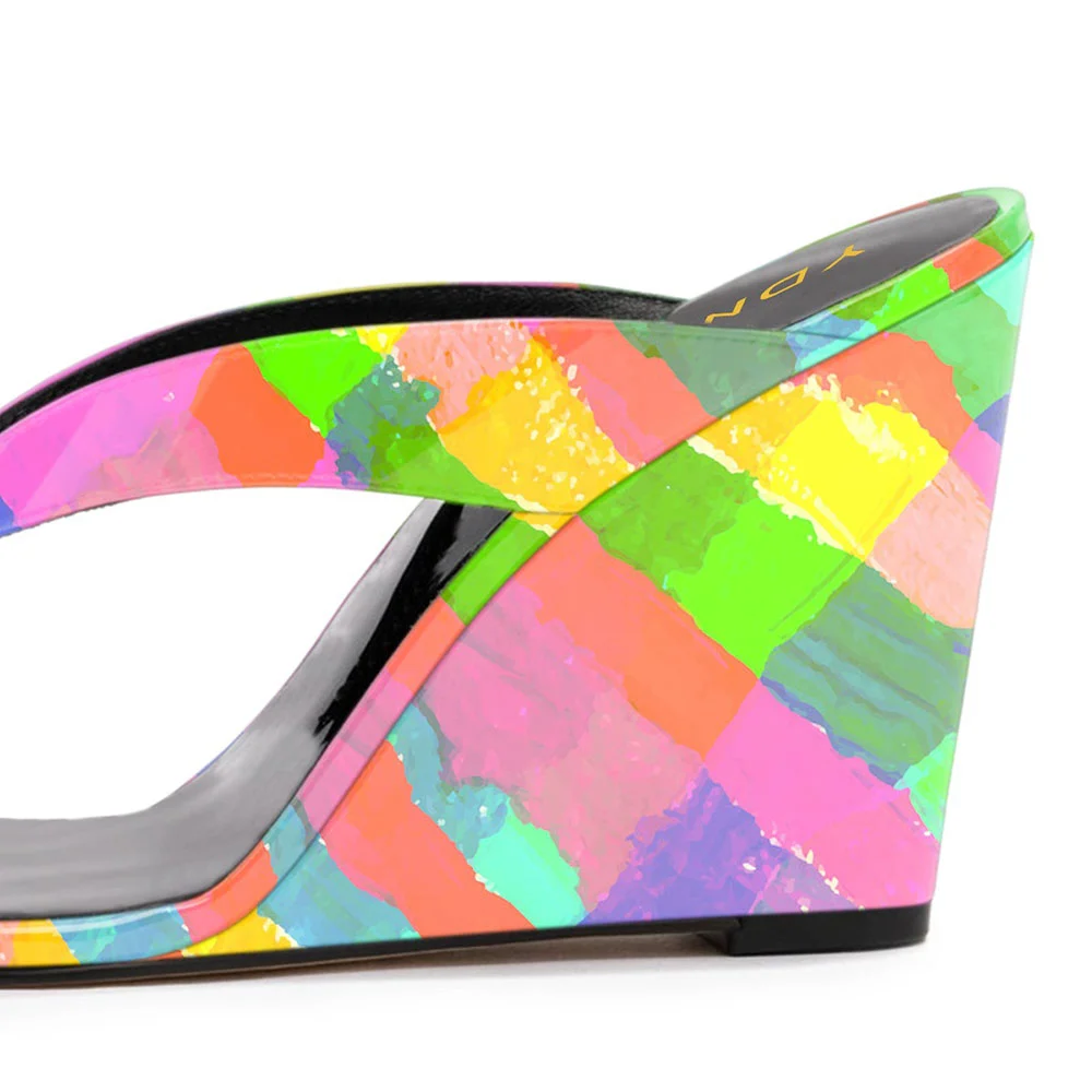 Rainbow Patent Leather Open Round Toe Flip Flop Wedge Sandals