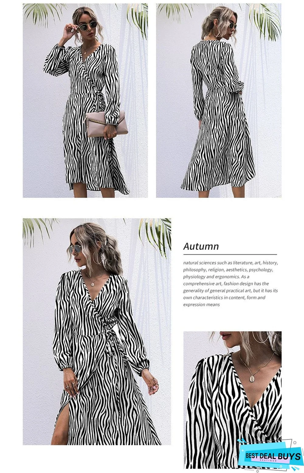 Wrap-Around Long-Sleeved Zebra Print V Collared Lace Dress
