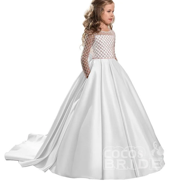 Hellodresses White Scoop Neck Long Sleeves Ball Gown Flower Girls Dress with Buttons