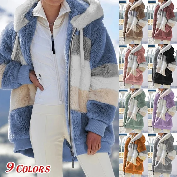 New Winter Women's Jacket Hooded Warm Plush Loose Jacket for Women Patchwork Winter Outerwear Faux Fur Zipper Ladies Parka Coat Plus Size