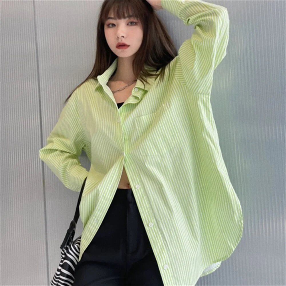 Jangj Alien Kitty 2022 S-XL Women Tops Green Stripes Normcore Shirts All Match Chic Work Wear Blouses Casual Office Lady Mujer Loose