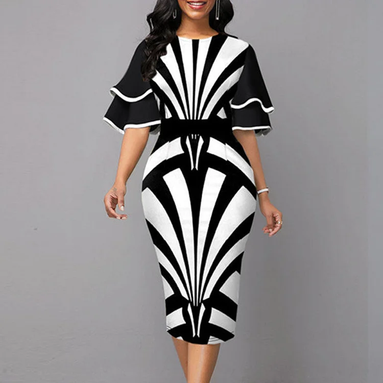 Printed Short Sleeve Ruffle Design Midi Dress - IRBOOM Fashion Clothing