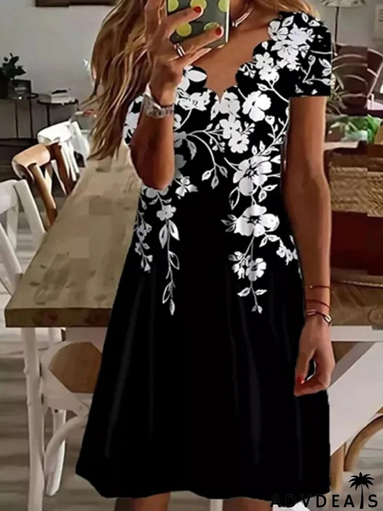 Women's Casual Dress Shift Dress Midi Dress White Navy Blue Blue Short Sleeve Floral Print Spring Summer V Neck Vacation 2024 S M L XL XXL 3XL