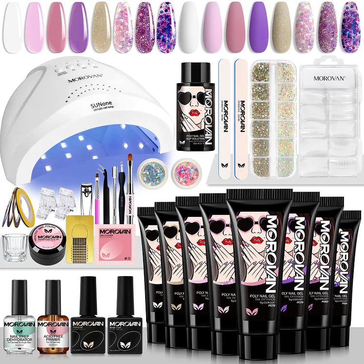 Morovan Poly Gel Nail Kit: Starter Kit 8 Colors Poly Nail Gel Kit Best Valentine Gift For Her with U V Lamp 48W Complete Poly Gel Kit for Beginners with Everything Professional