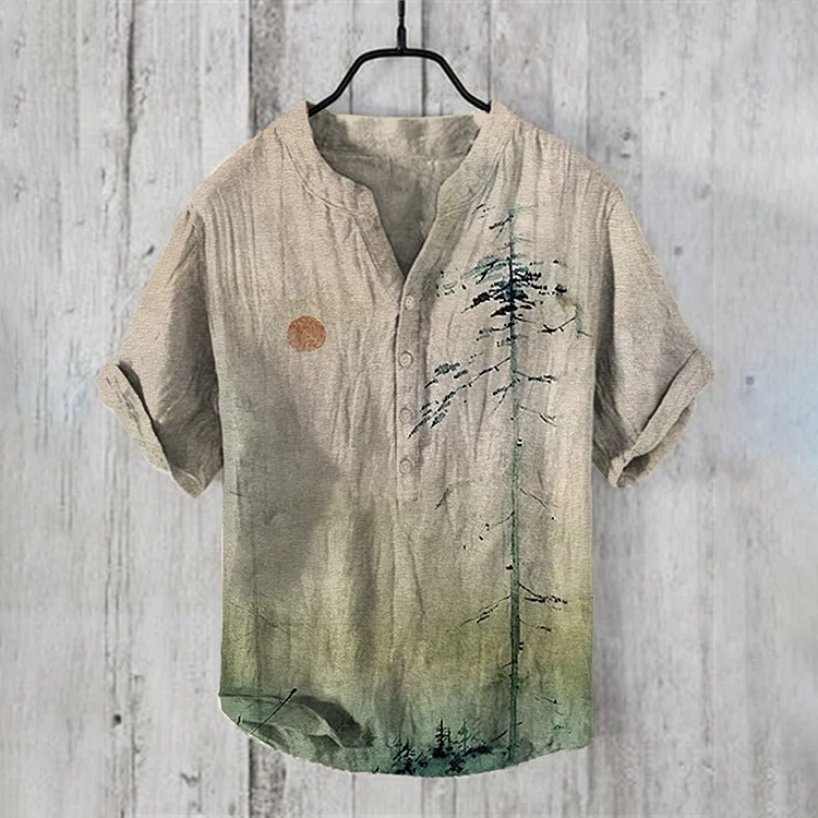 Vintage Mountain Sunrise Painting Art Print Cozy Cotton Linen Shirt