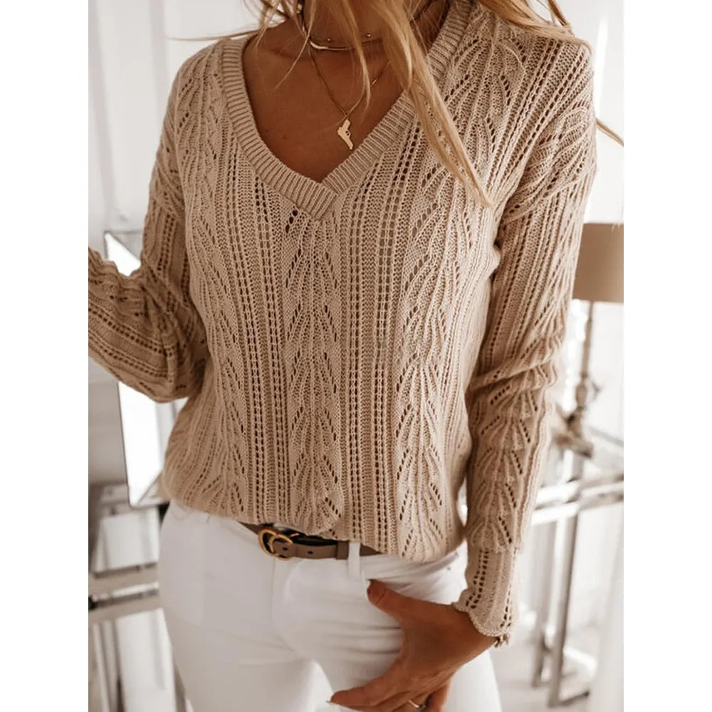 Women Casual Hollow Out Knitted Sweater Long Sleeve V neck Solid Loose-fitting High Street Warm Pullover 2021 Winter Sweater