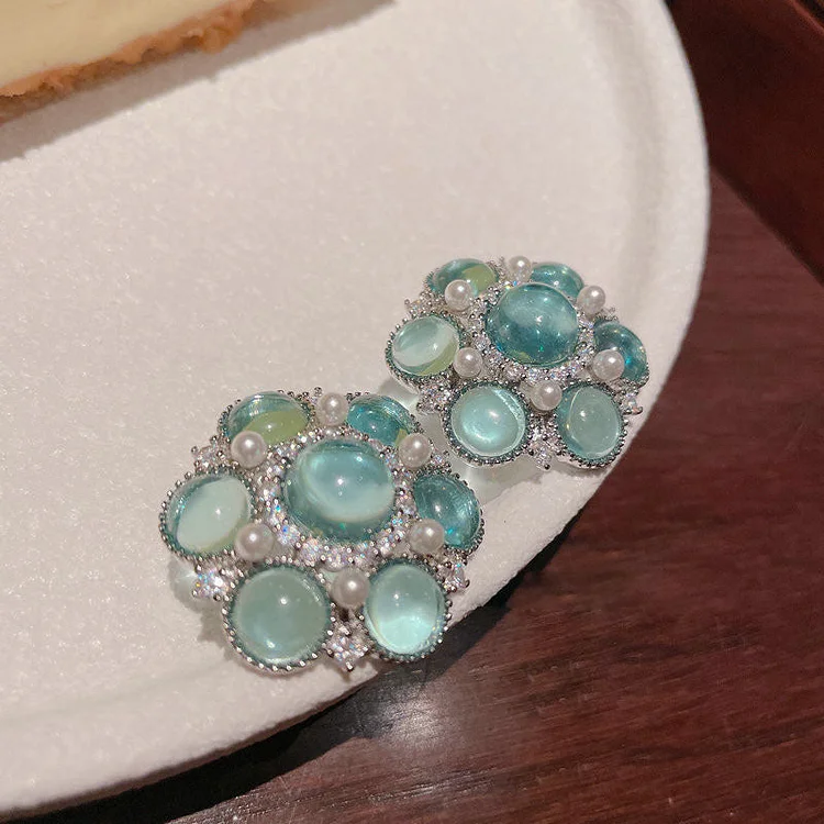 Transparent Mysterious Lake Blue Glaze Flower Earrings