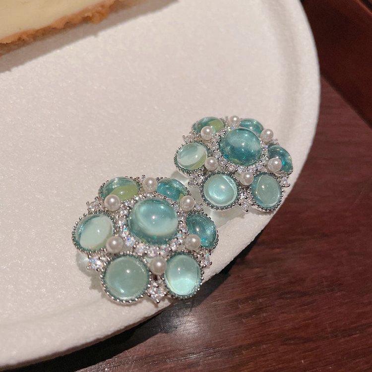 Transparent Mysterious Lake Blue Glaze Flower Earrings