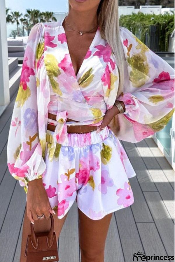 Floral Printed Balloon Sleeve V Neck Shirt Elastic Waist Straight Leg Shorts Set