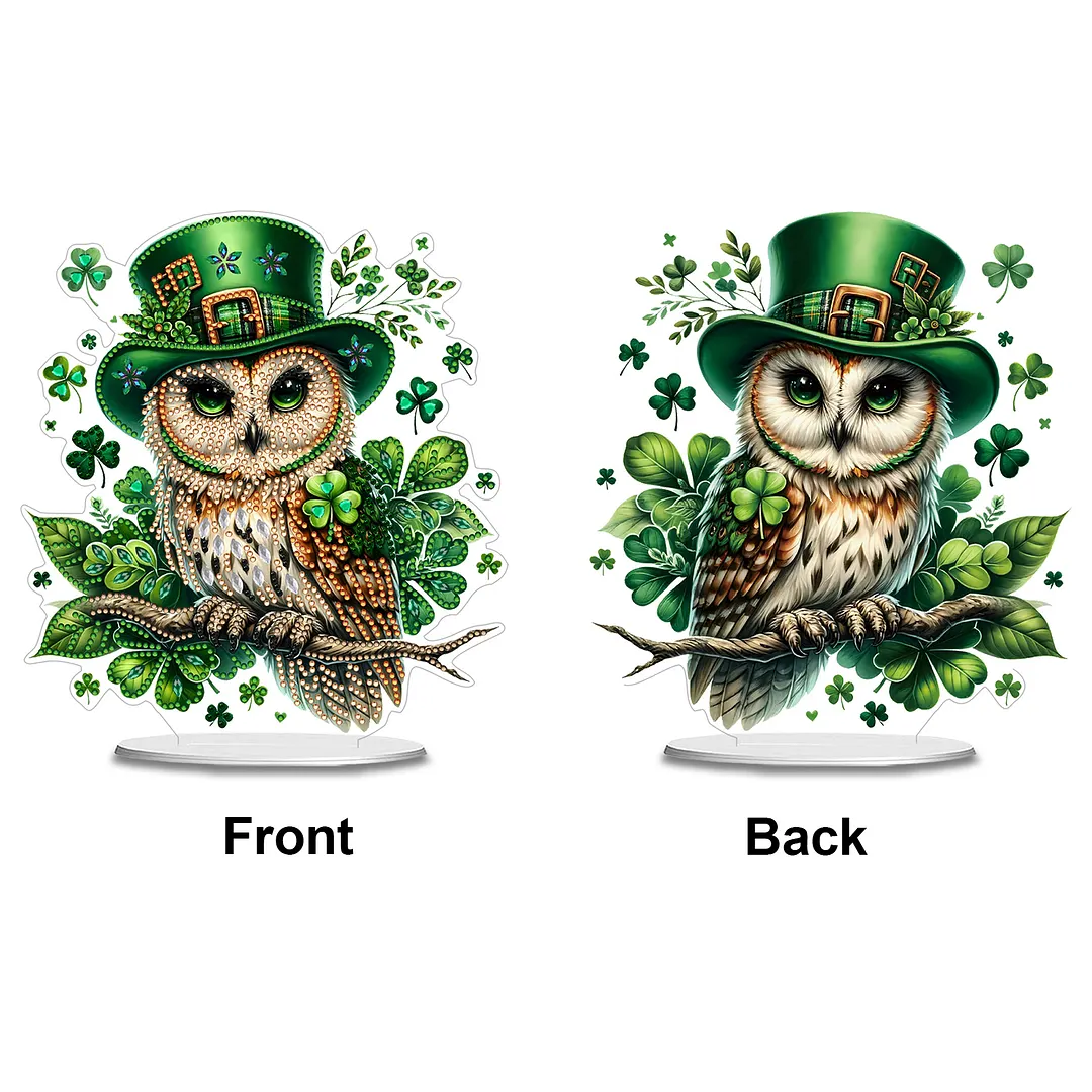 2D Flat DIY St Patricks Day Owl Diamond Painting Tabletop Ornaments Kit Special Shape Crystal Art Craft Decoration Single Side Drill for Living Room Home Office