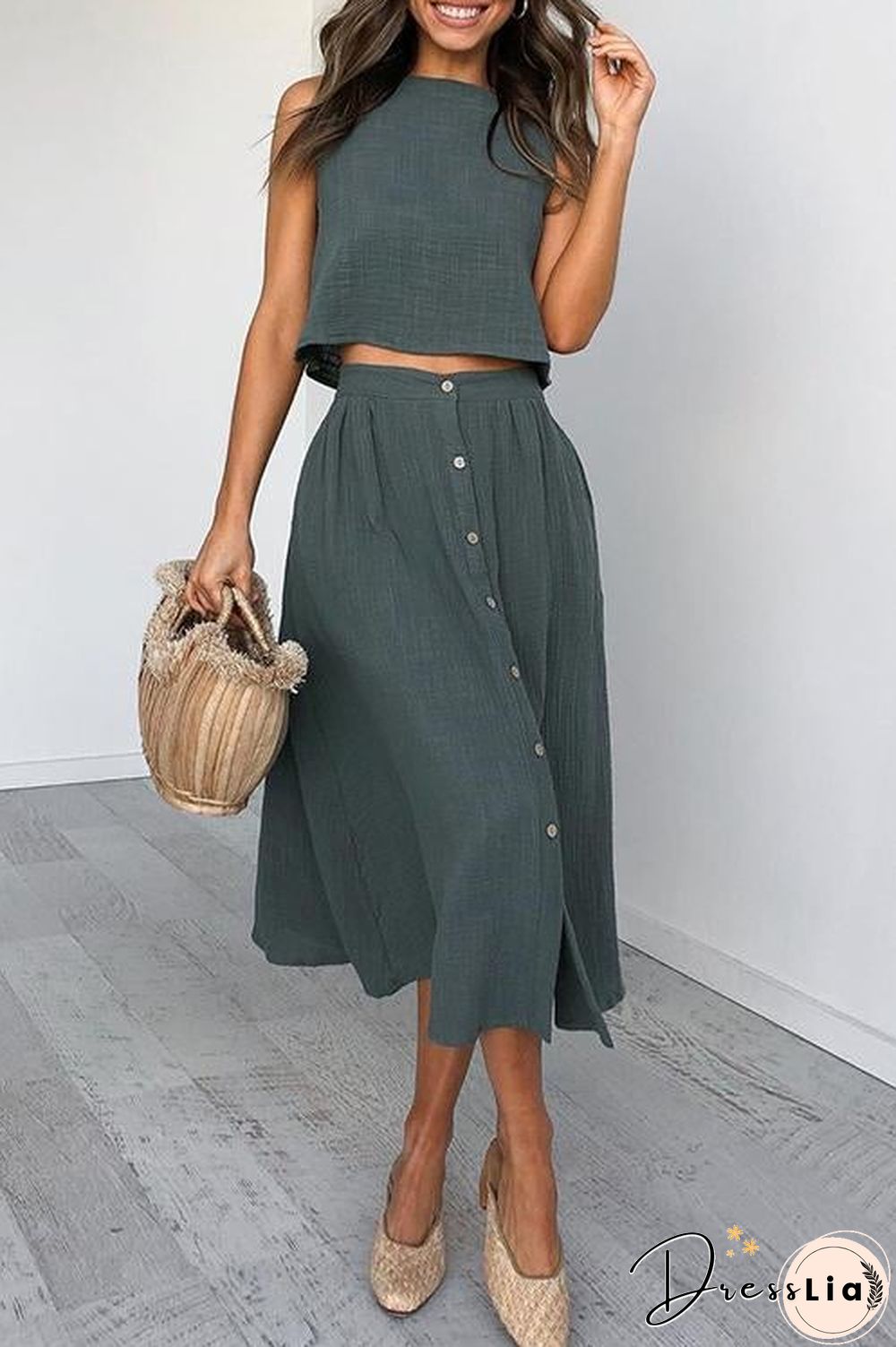 Button Decorate Vest Naxi Skirts Set