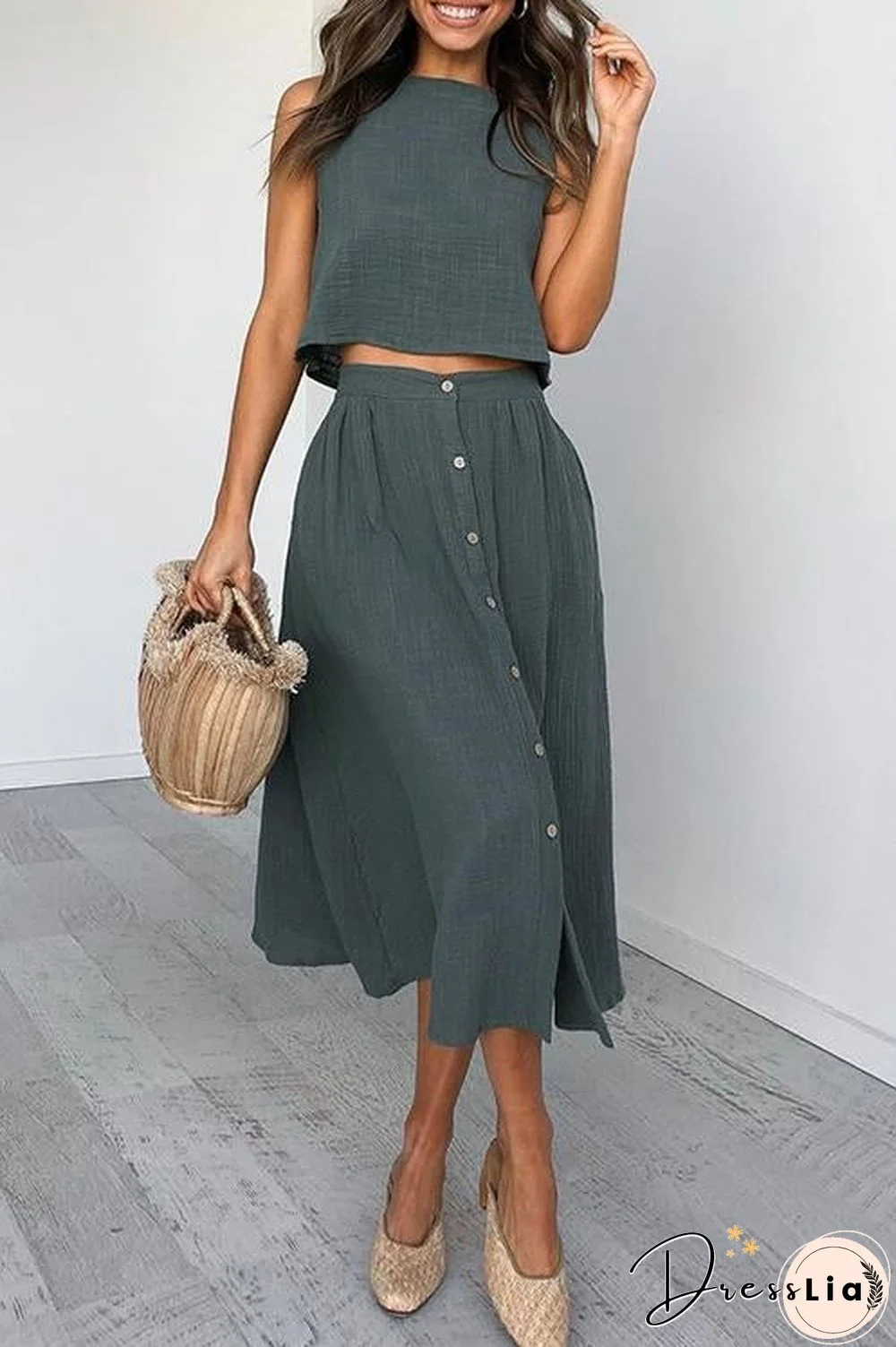 Button Decorate Vest Naxi Skirts Set