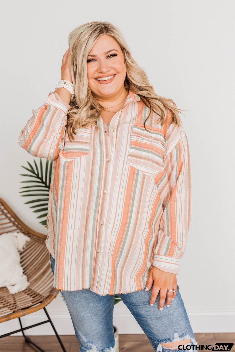 Plus Size Striped Shirt with Chest Pockets