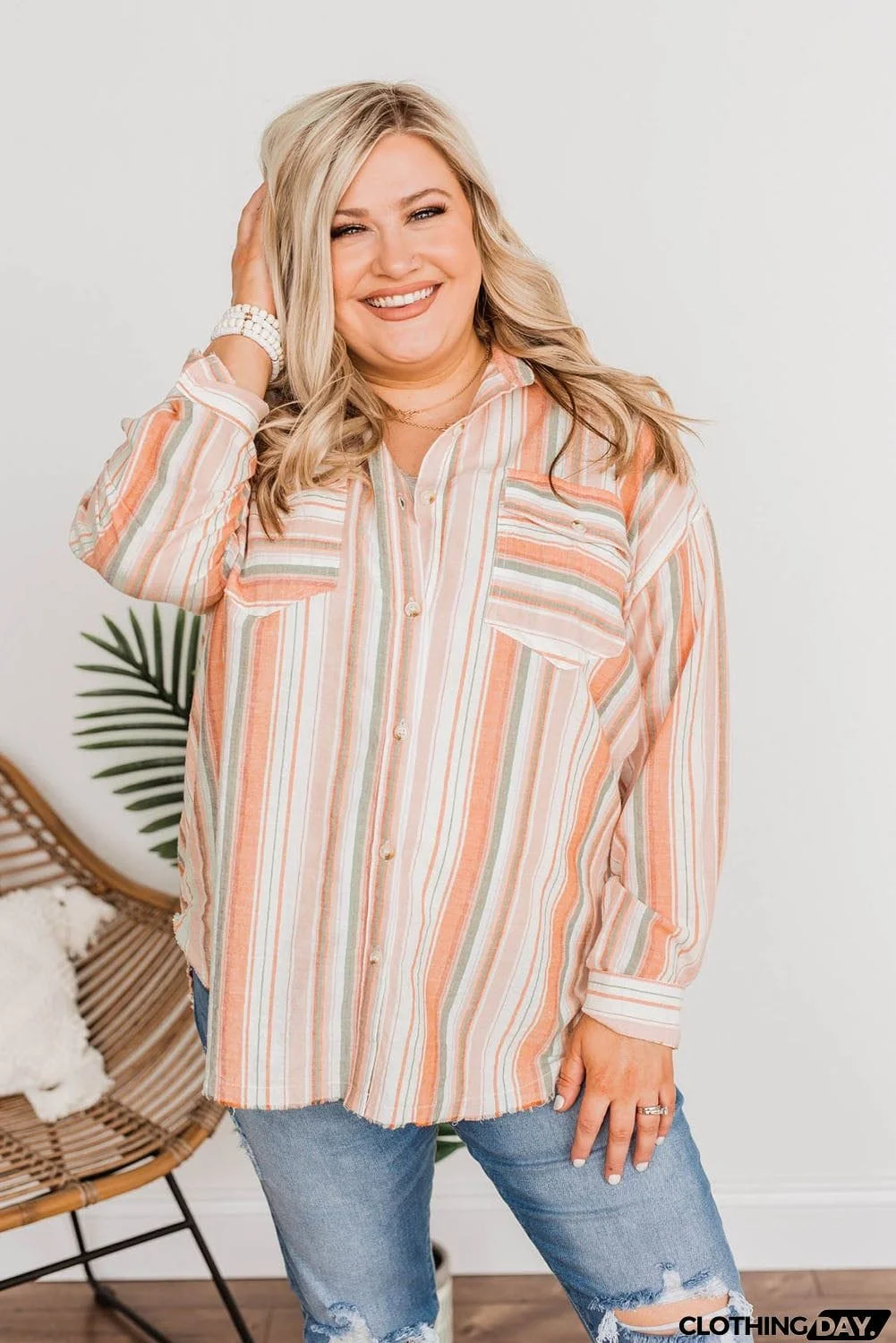 Plus Size Striped Shirt with Chest Pockets