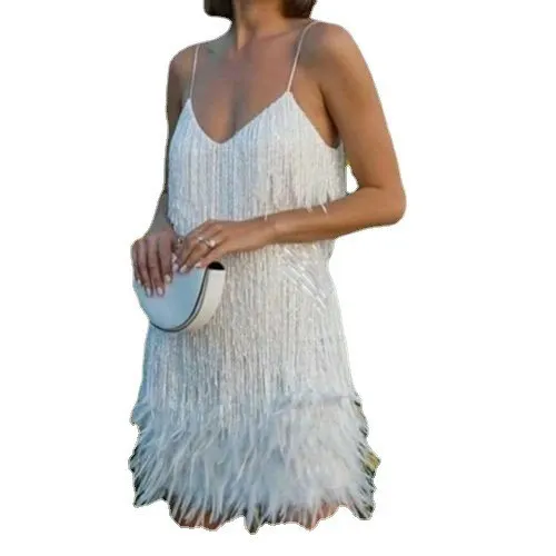 Brownm Brownm Summer New Fashion Tannegous Leash Feather Splicing Dress Color Dress Dress Direct Female