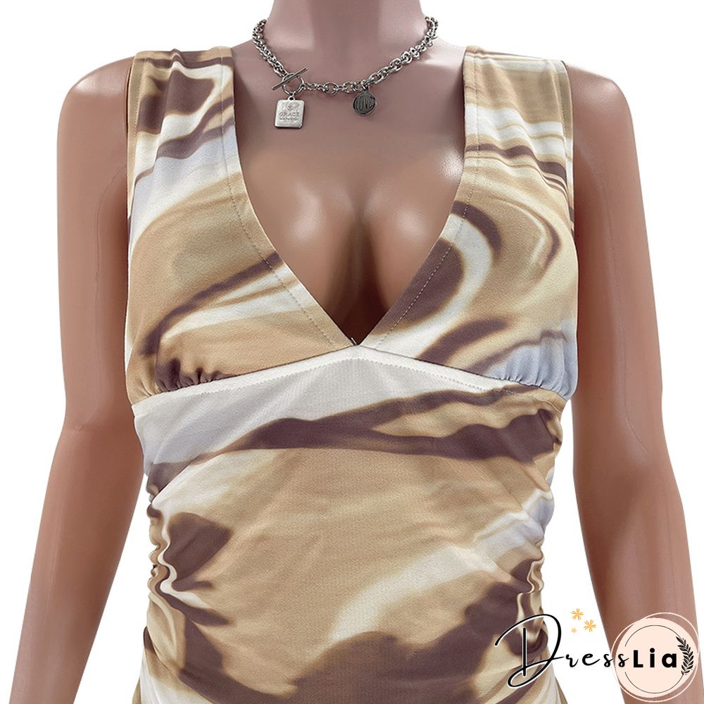 V-neck Backless Sleeveless Tree Print Fashion Casual Dress