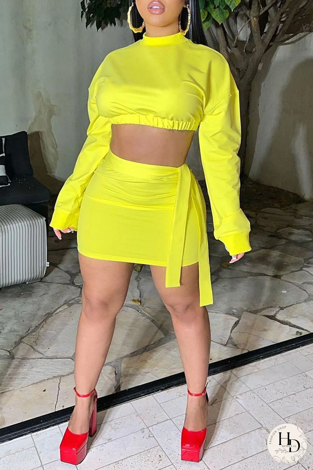 Yellow Sexy Solid Bandage Split Joint O Neck Long Sleeve Two Pieces