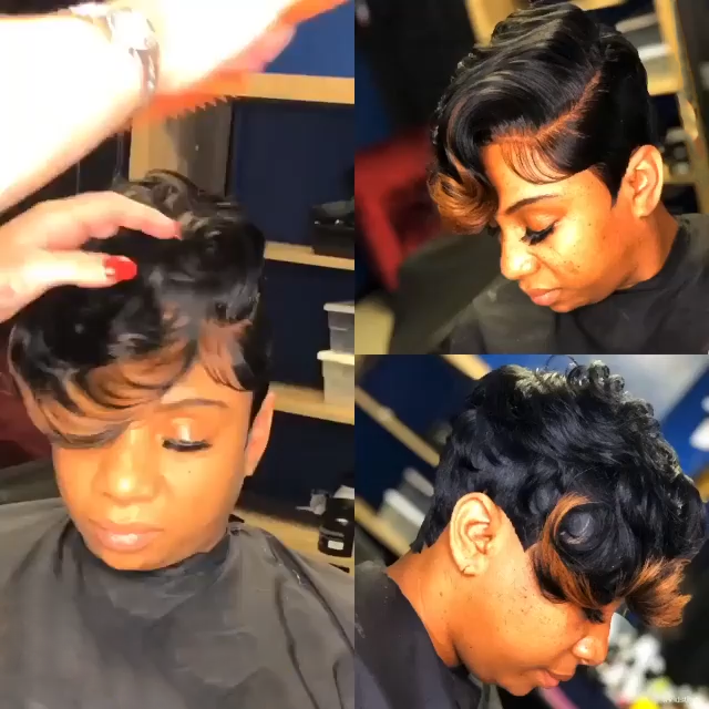 🔥Hot| Glueless Lace Frontal🔥Black Mix Gold Short Wavy Bob Pixie Cut With Bangs US Mall Lifes