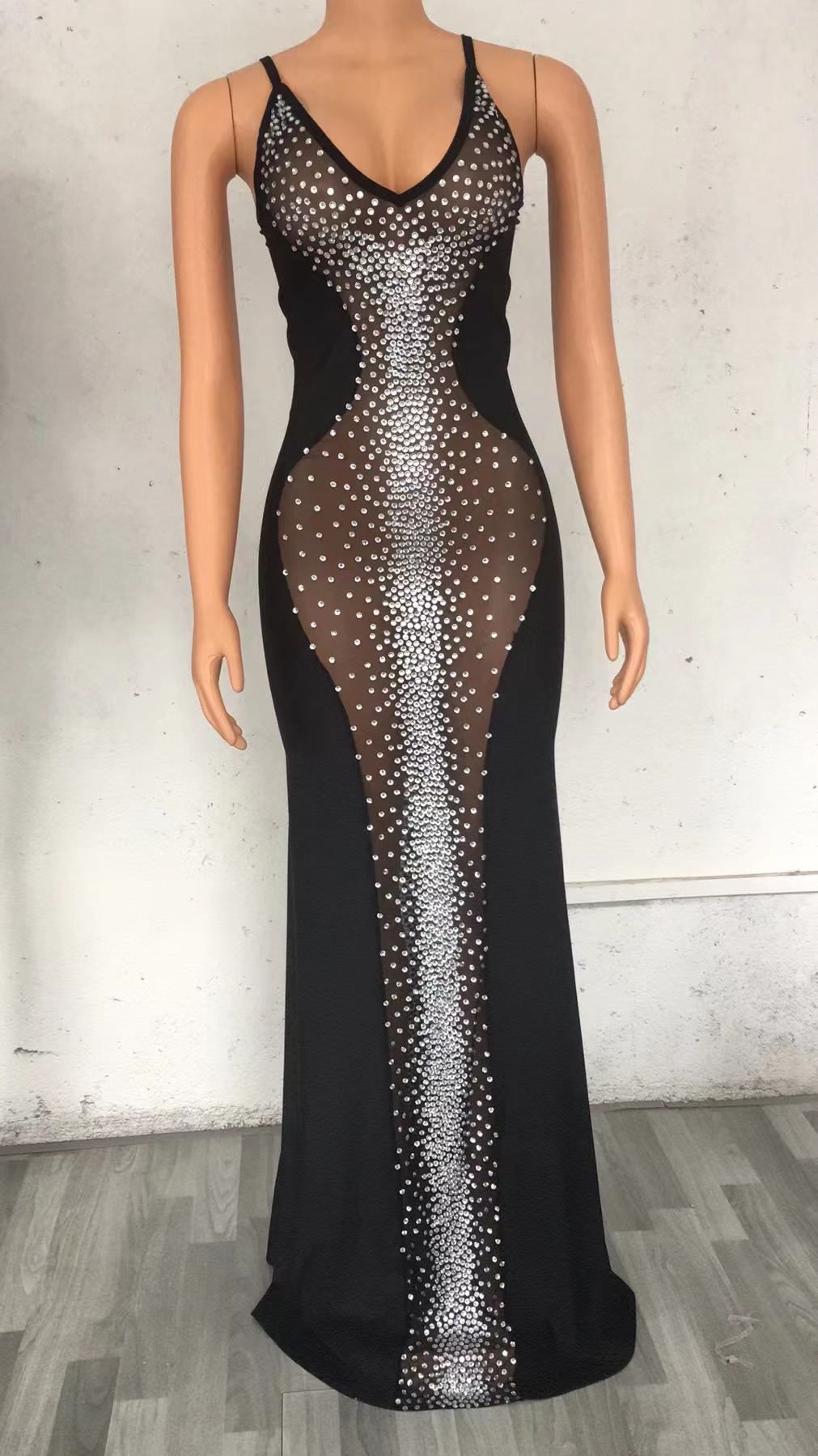 VCSHOES Shining Silver Rhinestones Transparent Sleeveless Black Dress Birthday Celebrate Outfit See Through Dancer Show Prom Dresses
