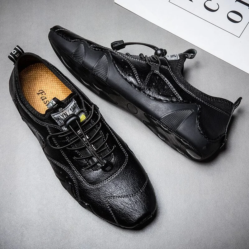 Men's Leather Breathable Handmade Soft Casual Driving Shoes Elastic Band Loafers