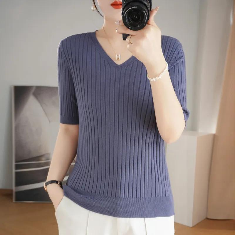 Churchf Churchf The Summer Of 2024, Women's Knit Short Sleeve Korean V-Neck Solid Color T-Shirt And A Pit Top