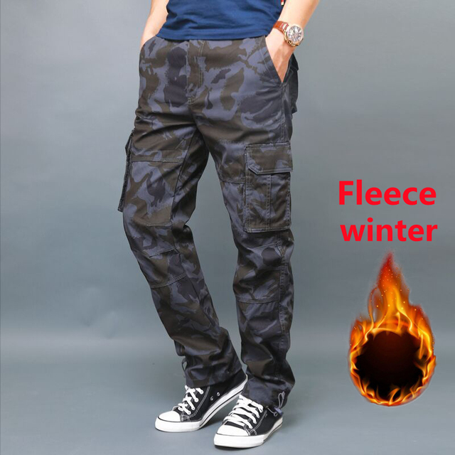 Winzsparks Winter Fleece Warm Tactical Pants Zipper Cotton Trousers Loose Army Green Cargo Pants Men Casual Plus Thicken Tooling Pants Size