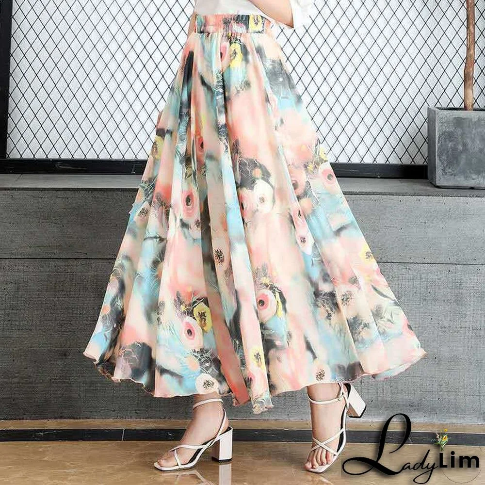 Drooping chiffon skirt, sweet style printed skirt, spring and summer ladies beach skirt