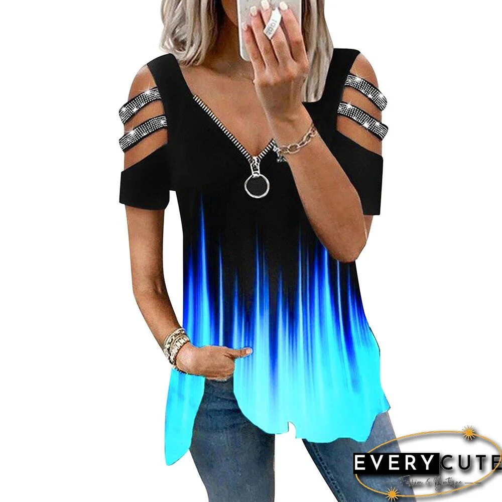 Sexy V-neck Zipper Up Loose Womens Blouse Hollow Out Short Sleeve Hollow Out Pullover Tops Casual Summer Blusa for Female D30