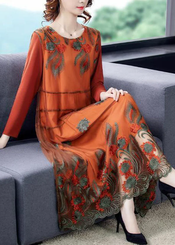 Art Orange Oversized Embroideried Tulle Holiday Dress Spring